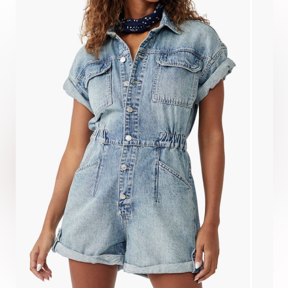 Free People Marci Denim Point Collar Short Cuffed Sleeve Romper L NWT